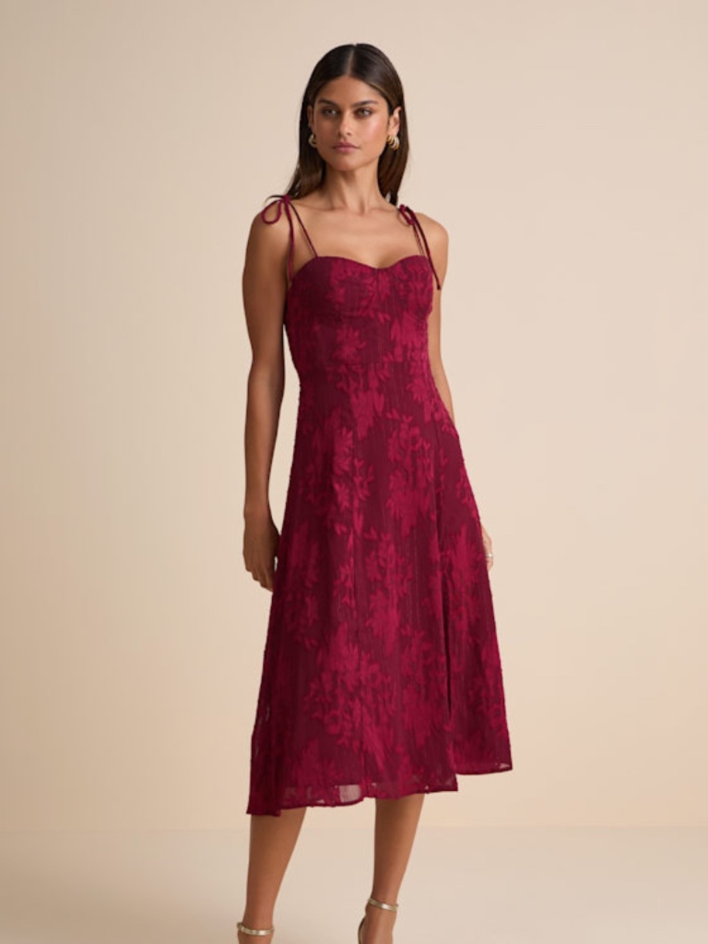 Lulus Loveliest Looks Burgundy Floral Jacquard Tie-strap Midi Dress Red